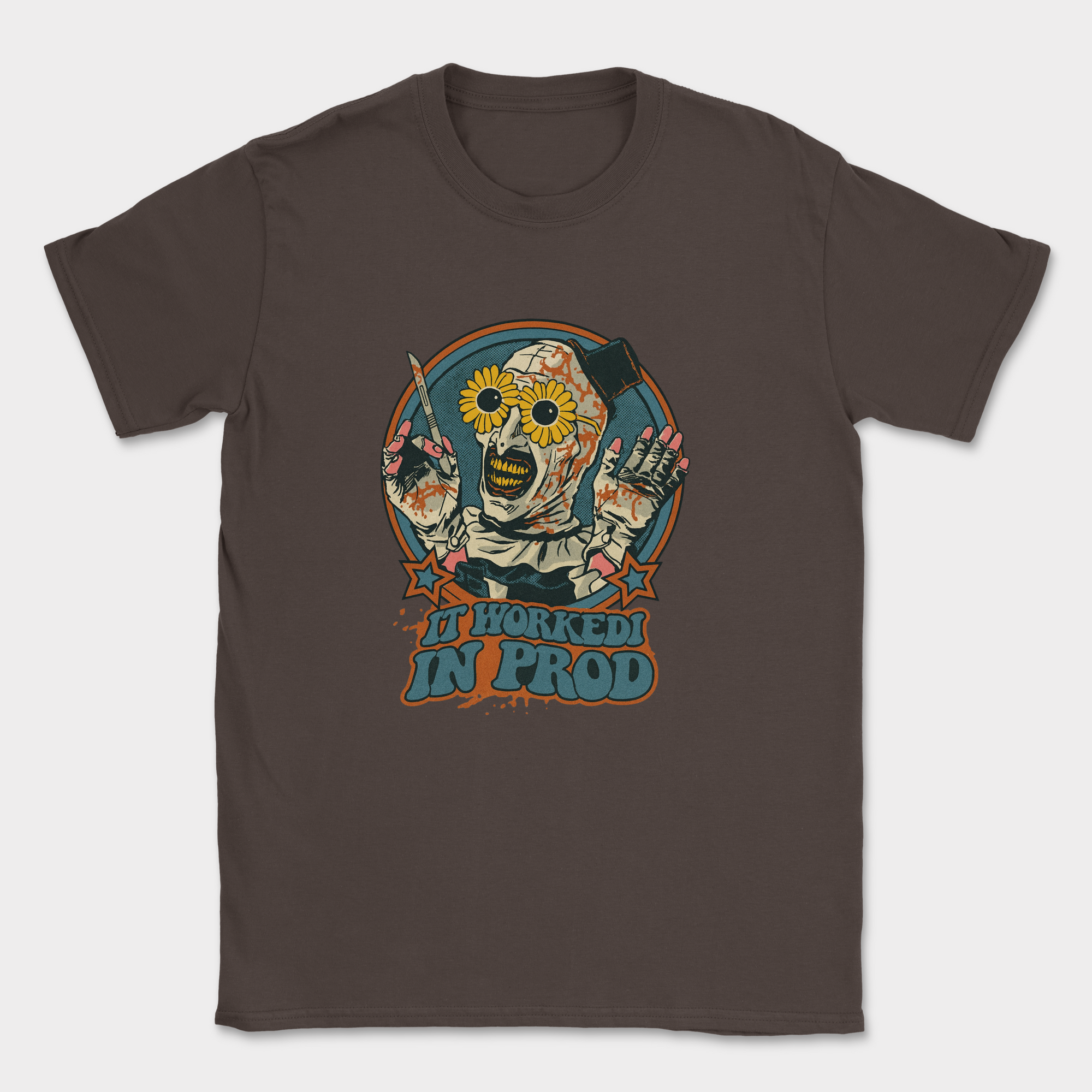it worked in prod shirt — Dark Chocolate