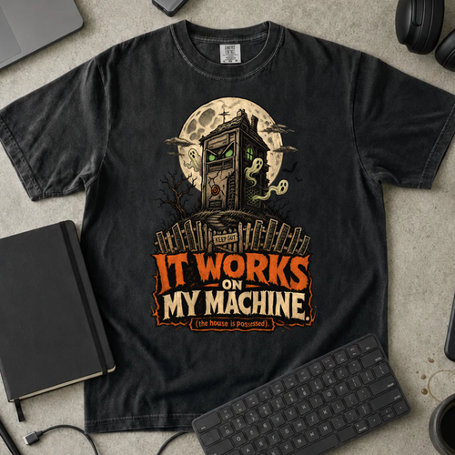 It Works on My Machine The House Is Possessed Shirt — Black Comfort Colors 1717 flat lay