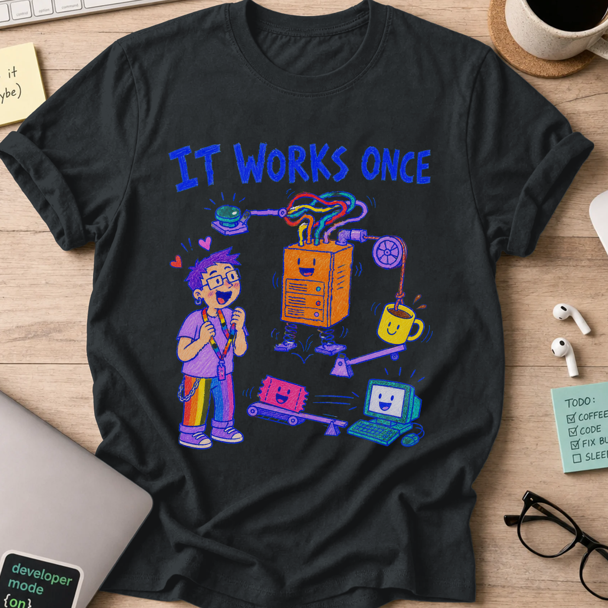 It Works Once Shirt — Black storefront mockup