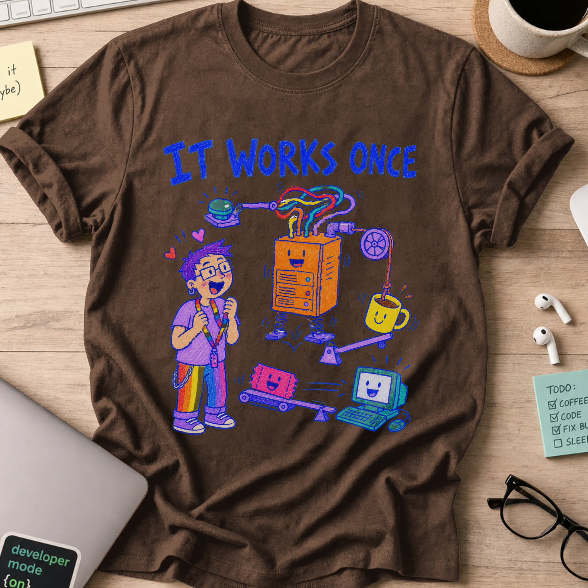 It Works Once Shirt — Dark Chocolate storefront mockup