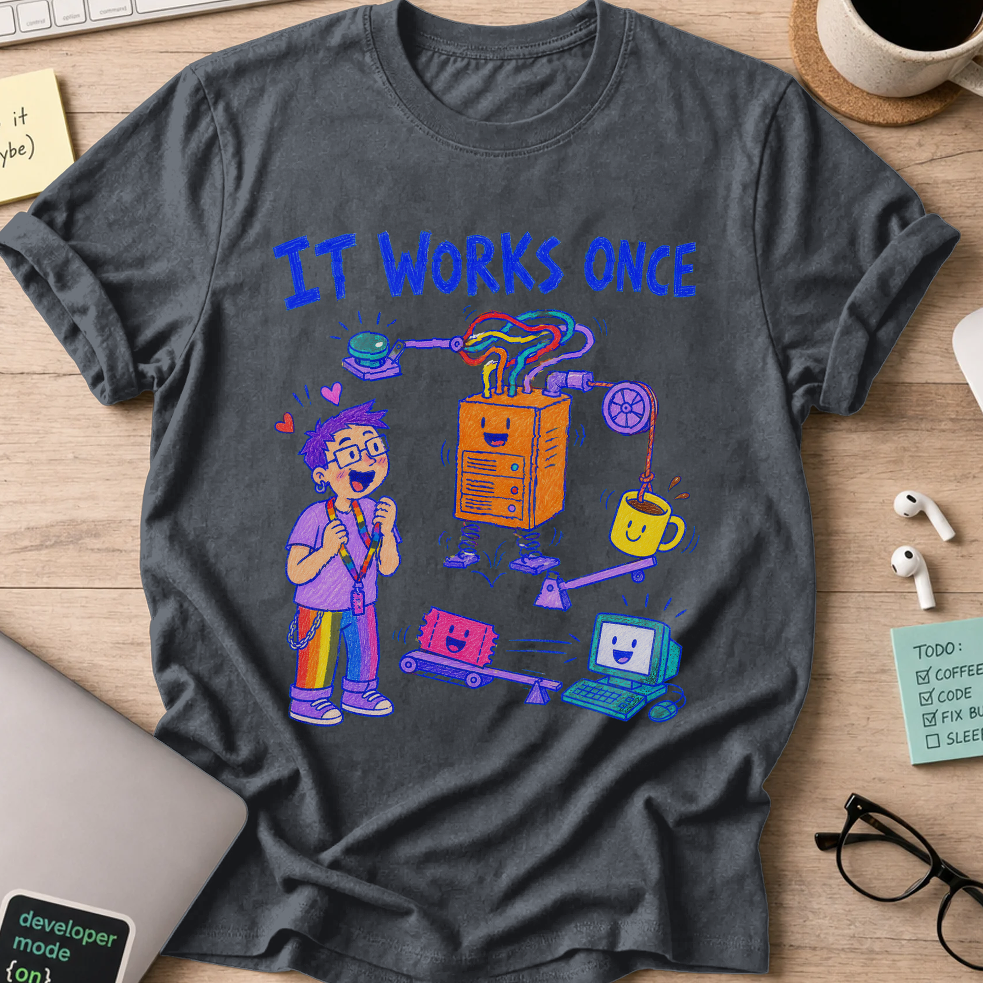 It Works Once Shirt — Dark Heather storefront mockup