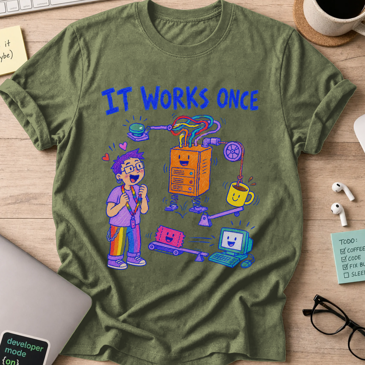 It Works Once Shirt — Military Green storefront mockup