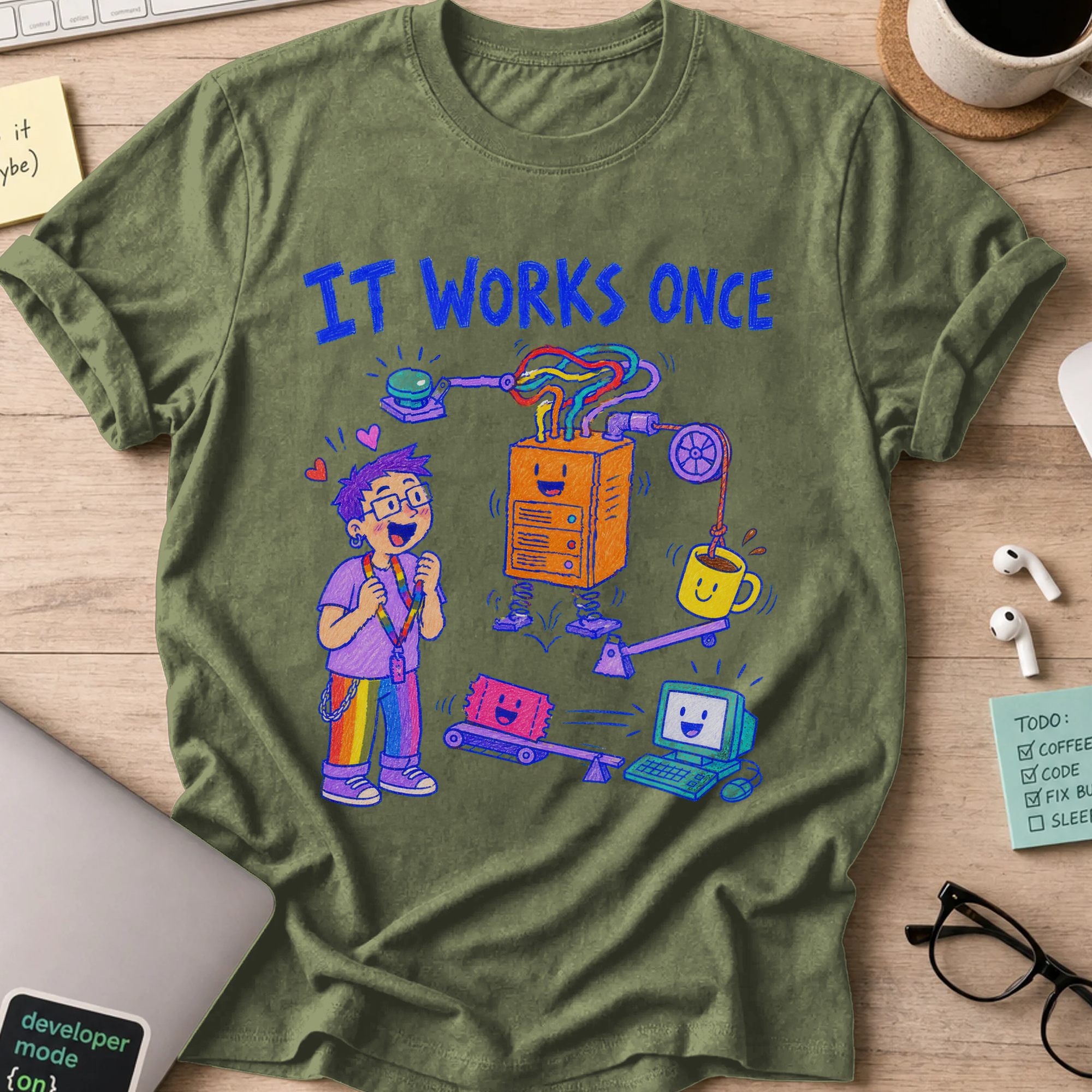 It Works Once Shirt — Military Green storefront mockup