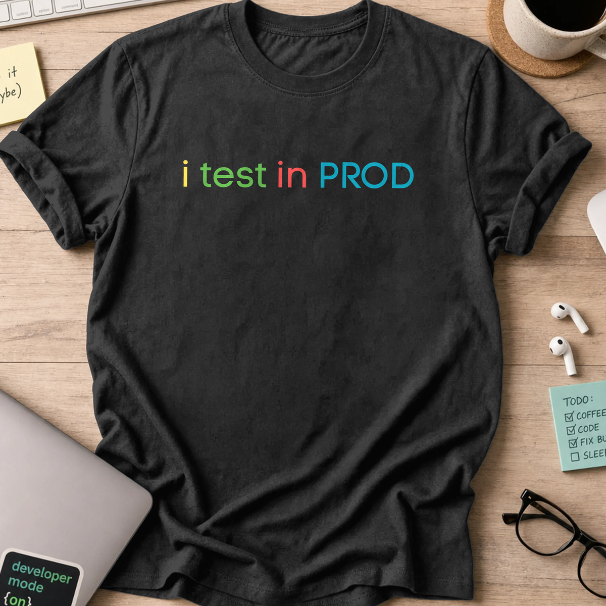Black devops shirt printed with "i test in PROD", a funny programmer t-shirt and coding gift for software engineers and DevOps teams.
