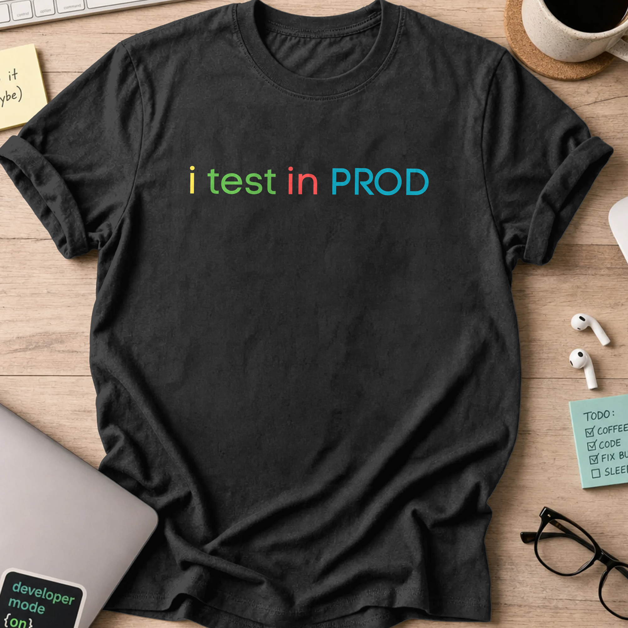 Black devops shirt printed with "i test in PROD", a funny programmer t-shirt and coding gift for software engineers and DevOps teams.