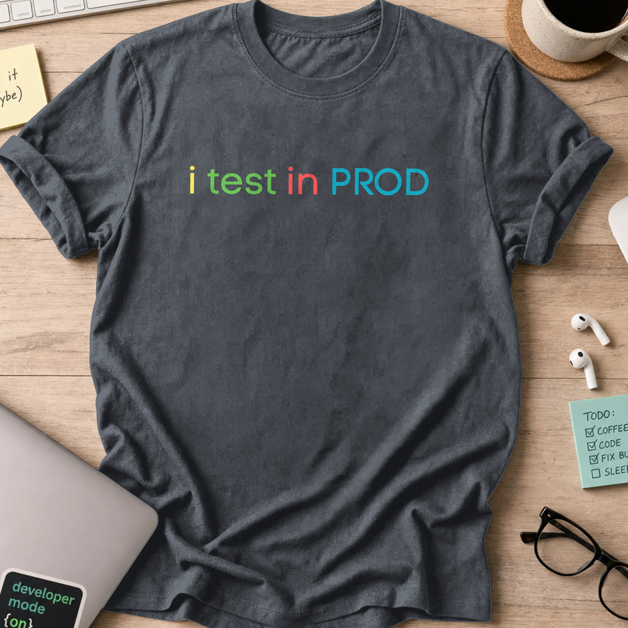 Dark Heather Grey devops shirt printed with "i test in PROD", a funny programmer t-shirt and coding gift for software engineers and DevOps teams.