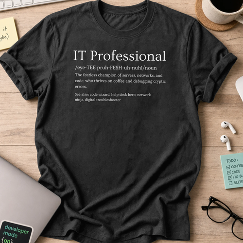 Black devops shirt printed with "IT professional definition", a funny programmer t-shirt and coding gift for software engineers and DevOps teams.