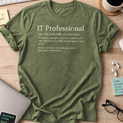Military Green devops shirt printed with "IT professional definition", a funny programmer t-shirt and gift for DevOps and SRE engineers.