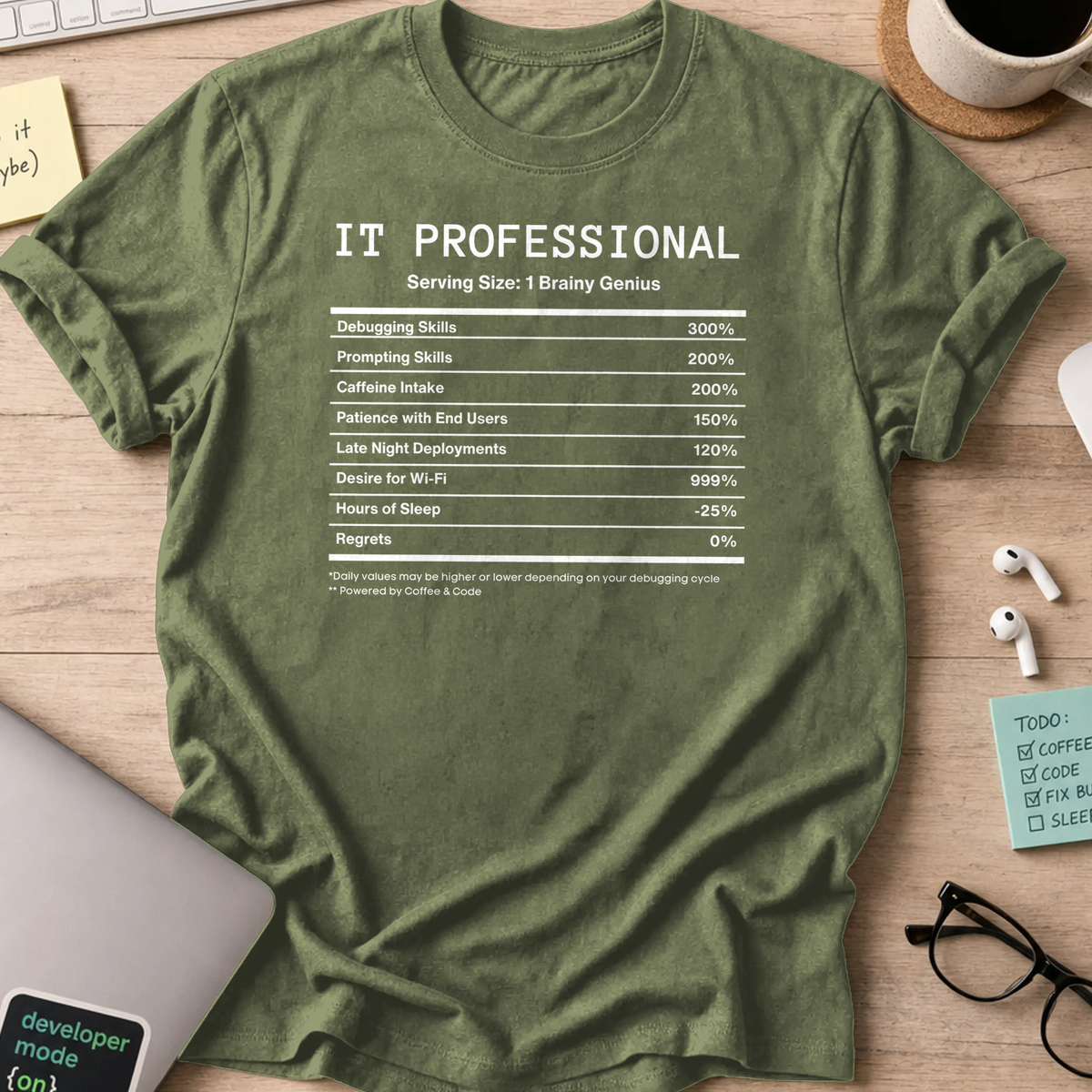 Military Green programmer shirt printed with "IT Professional nutrition facts", a funny developer t-shirt and coding gift for software engineers.