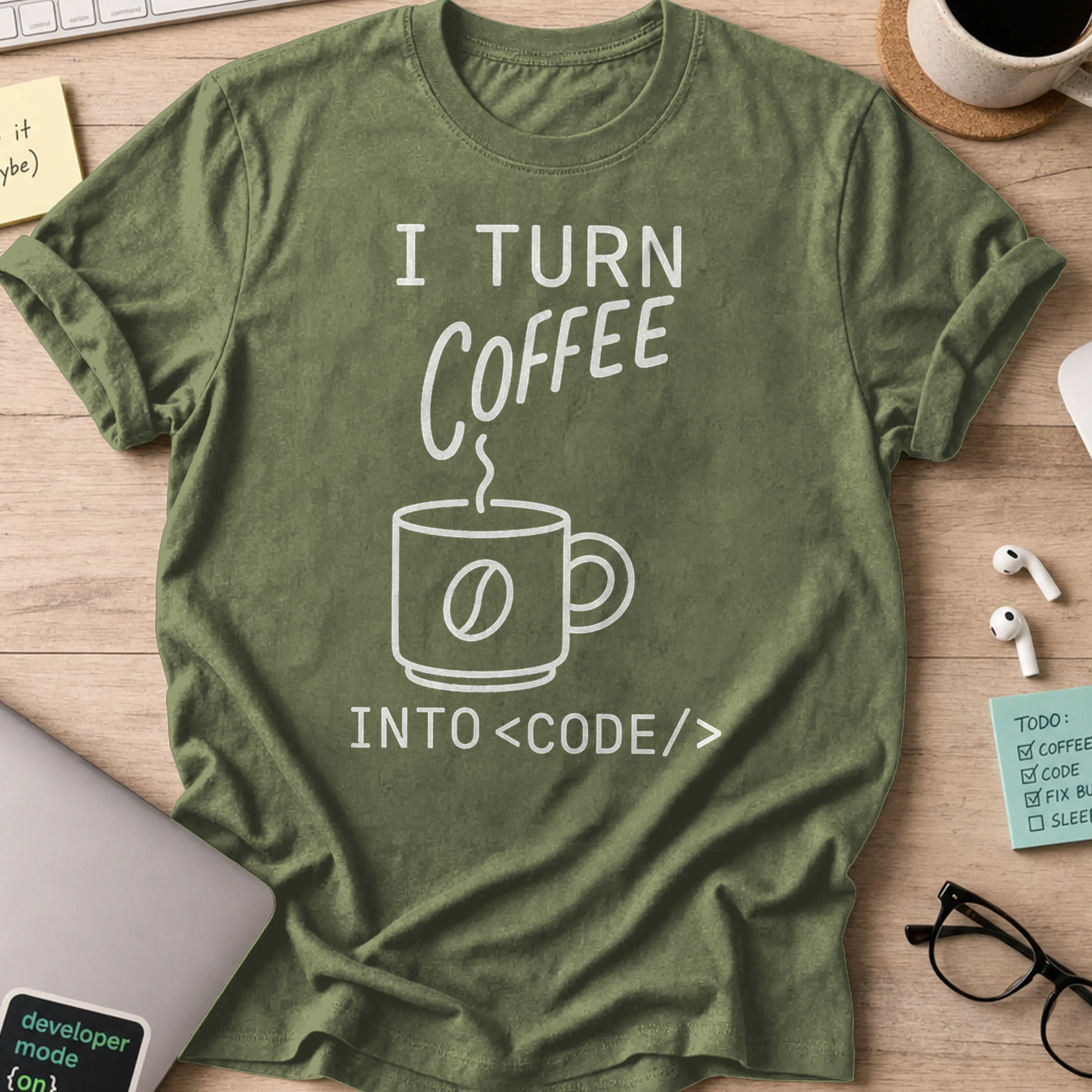 i turn coffee into code shirt - Military Green