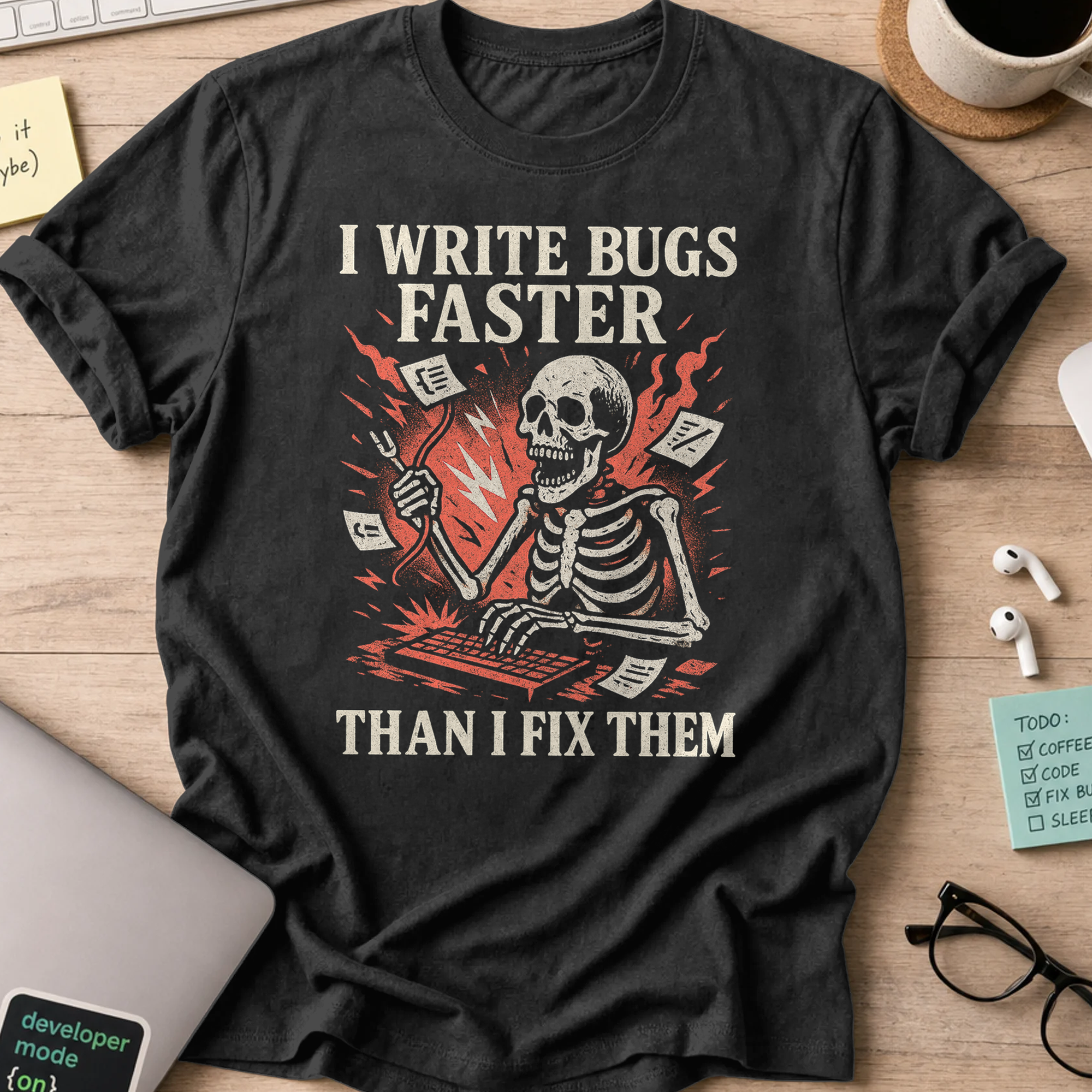 i write bugs faster than i fix them. skeleton shirt - Black