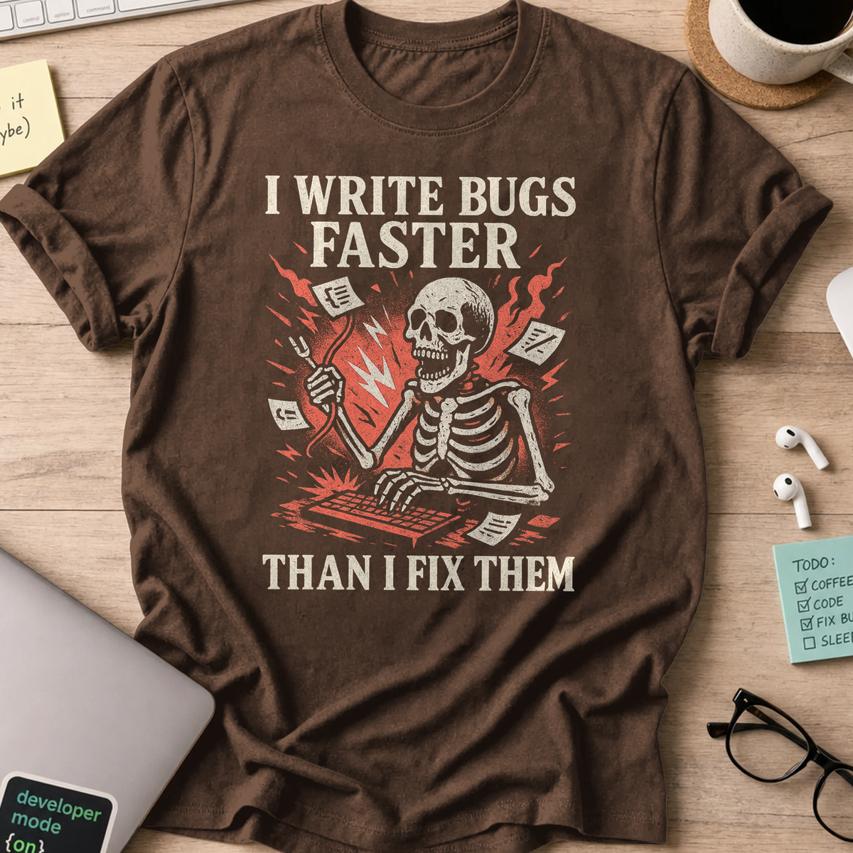 i write bugs faster than i fix them. skeleton shirt - Dark Chocolate