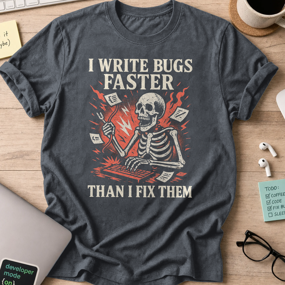 i write bugs faster than i fix them. skeleton shirt - Dark Heather
