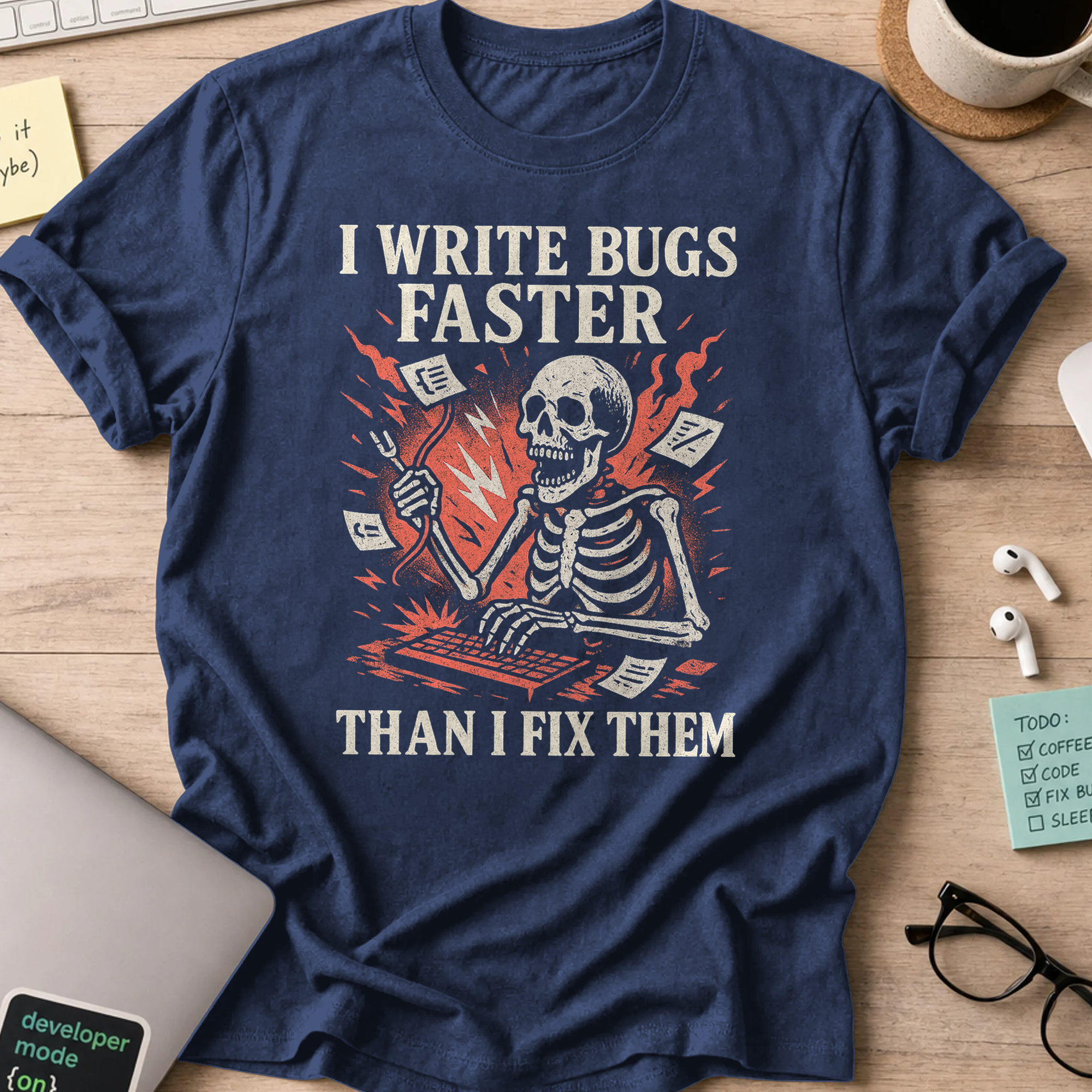 i write bugs faster than i fix them. skeleton shirt - Navy