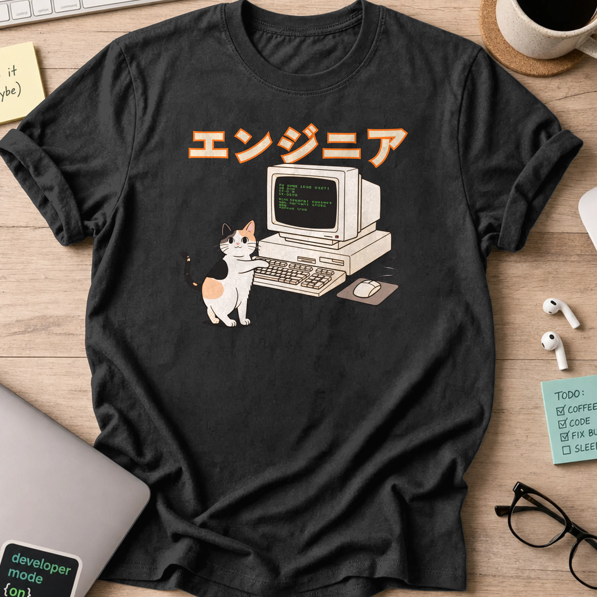 japanese cat engineer shirt - Black