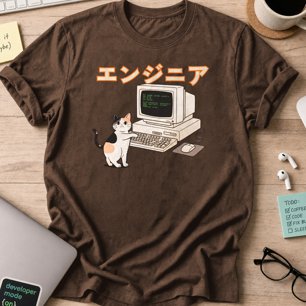 japanese cat engineer shirt - Dark Chocolate
