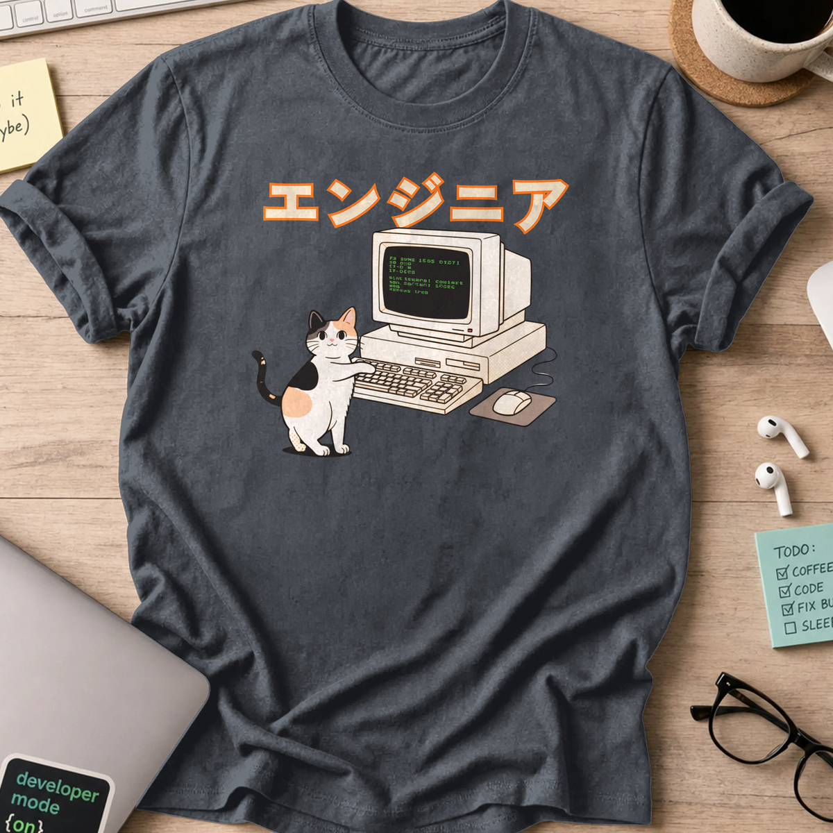 japanese cat engineer shirt - Dark Heather