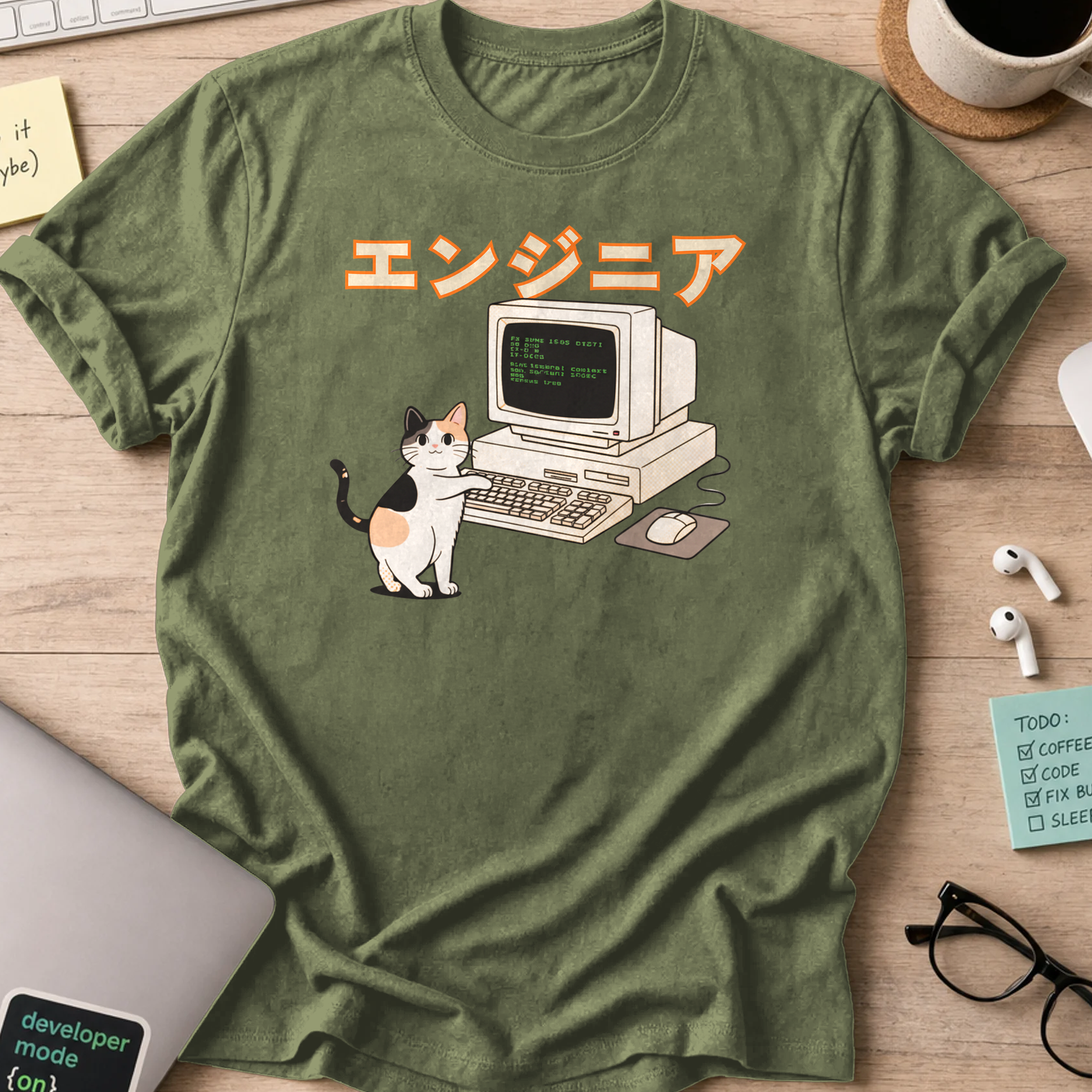 japanese cat engineer shirt - Military Green