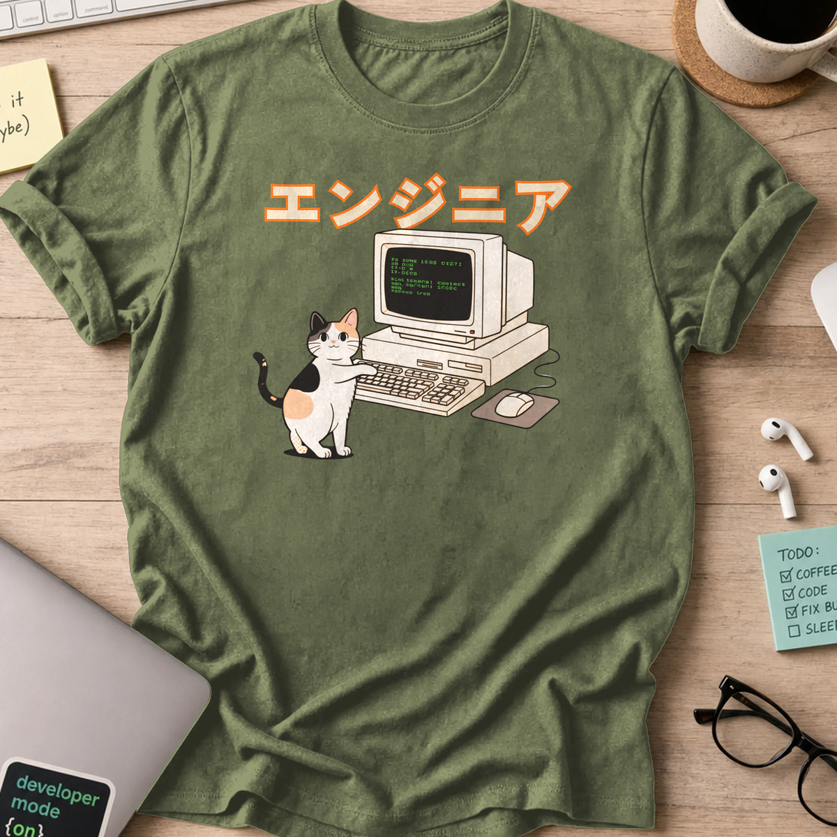 japanese cat engineer shirt - Military Green