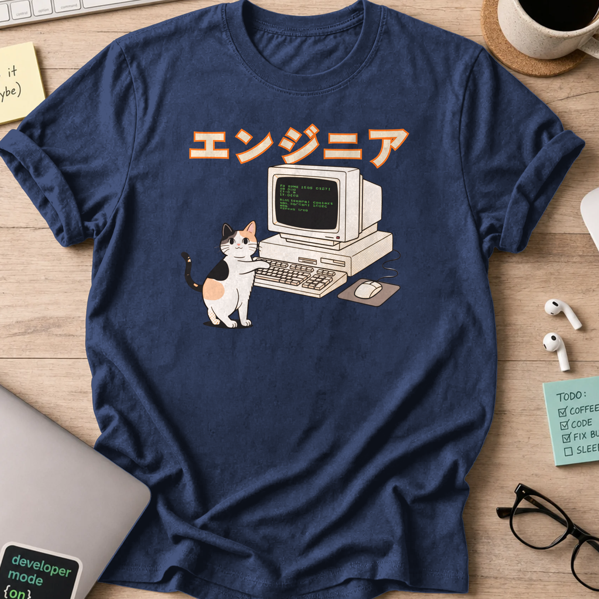 japanese cat engineer shirt - Navy