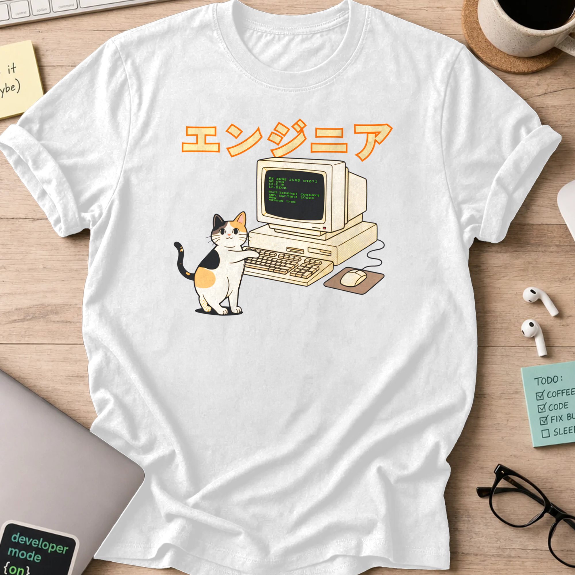 japanese cat engineer shirt - White