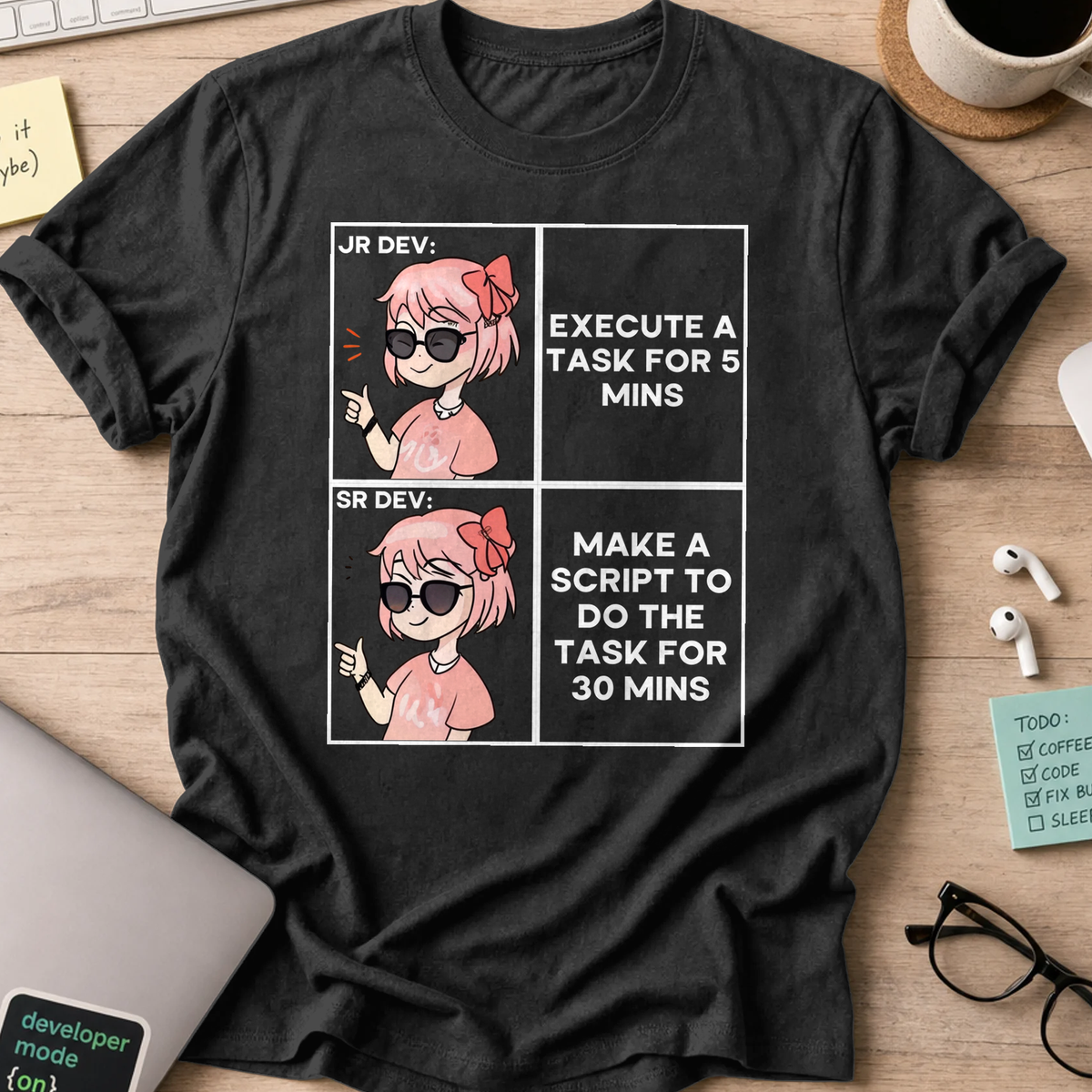 Black programmer shirt printed with "junior and senior dev difference", a funny developer t-shirt and coding gift for software engineers and coders.