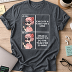 Dark Heather Grey programmer shirt printed with "junior and senior dev difference", a funny developer t-shirt and coding gift for software engineers.