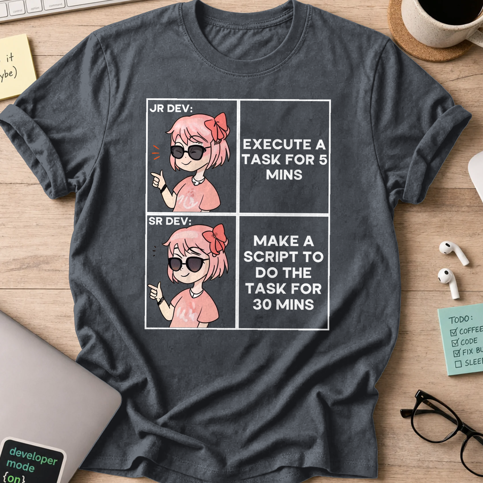 Dark Heather Grey programmer shirt printed with "junior and senior dev difference", a funny developer t-shirt and coding gift for software engineers.