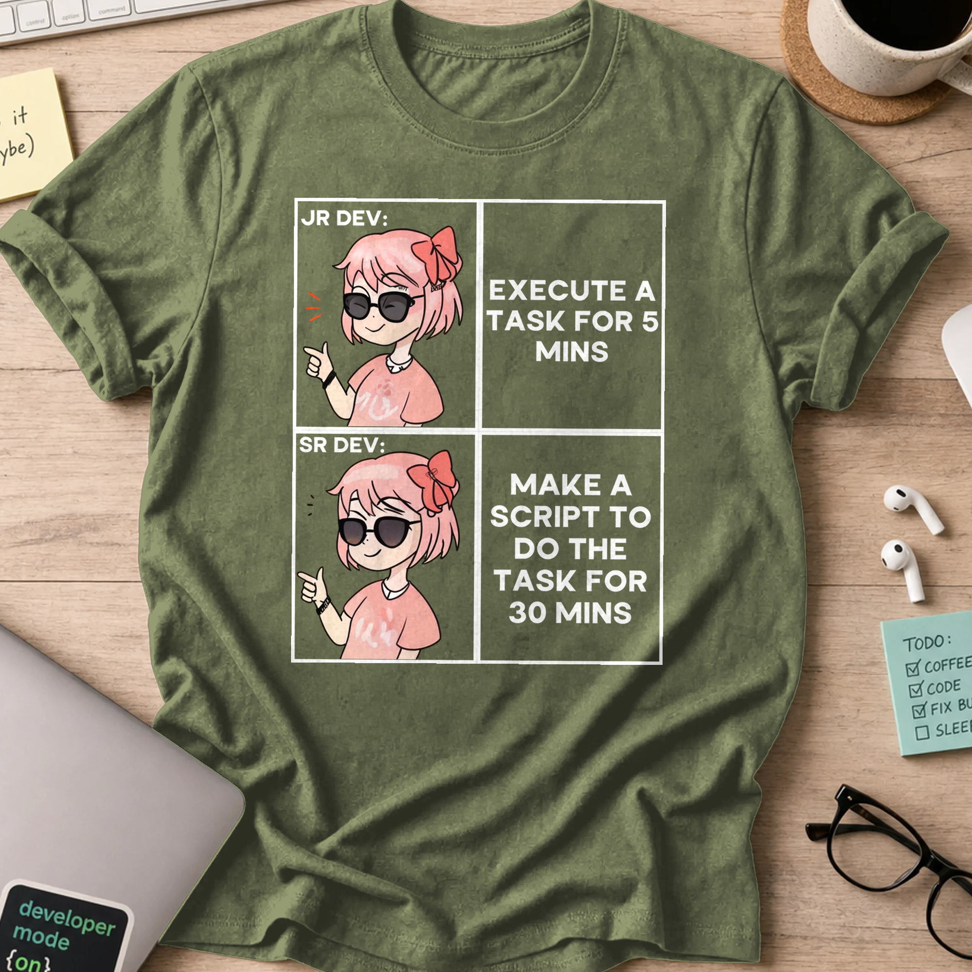 Military Green programmer shirt printed with "junior and senior dev difference", a funny developer t-shirt and coding gift for software engineers.