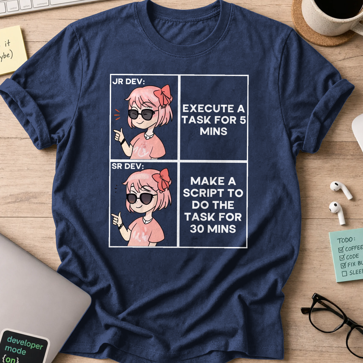 Navy programmer shirt printed with "junior and senior dev difference", a funny developer t-shirt and coding gift for software engineers and coders.