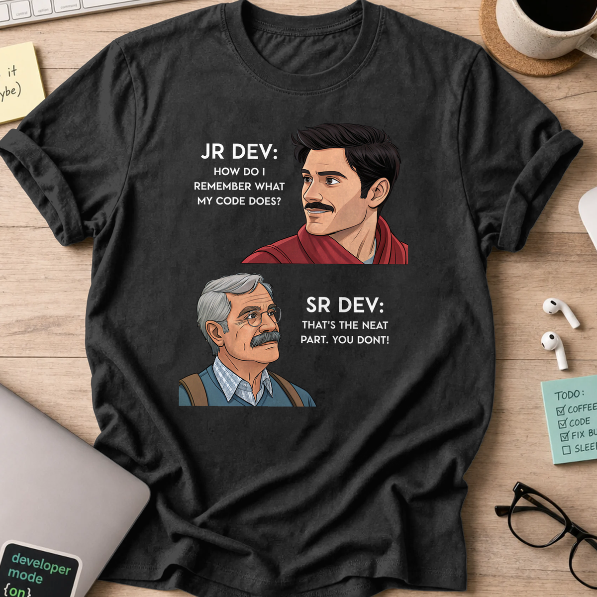 Black programmer shirt printed with "Junior Dev asked Senior Dev", a funny developer t-shirt and coding gift for software engineers and coders.