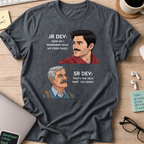 Dark Heather Grey programmer shirt printed with "Junior Dev asked Senior Dev", a funny developer t-shirt and coding gift for software engineers.