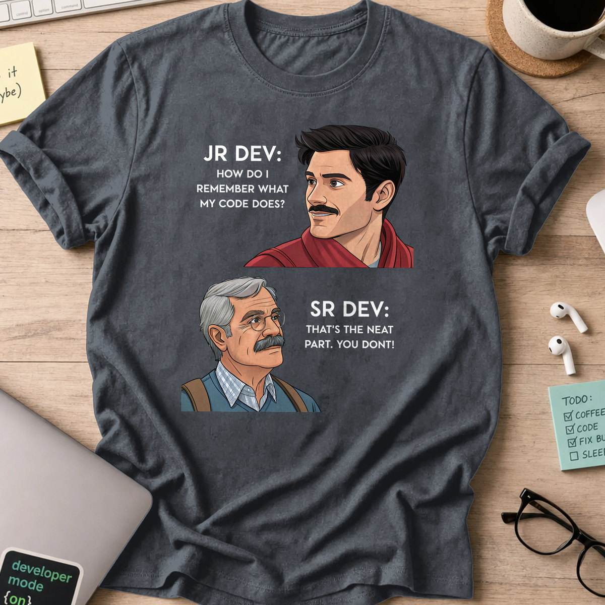 Dark Heather Grey programmer shirt printed with "Junior Dev asked Senior Dev", a funny developer t-shirt and coding gift for software engineers.