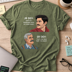 Military Green programmer shirt printed with "Junior Dev asked Senior Dev", a funny developer t-shirt and coding gift for software engineers.