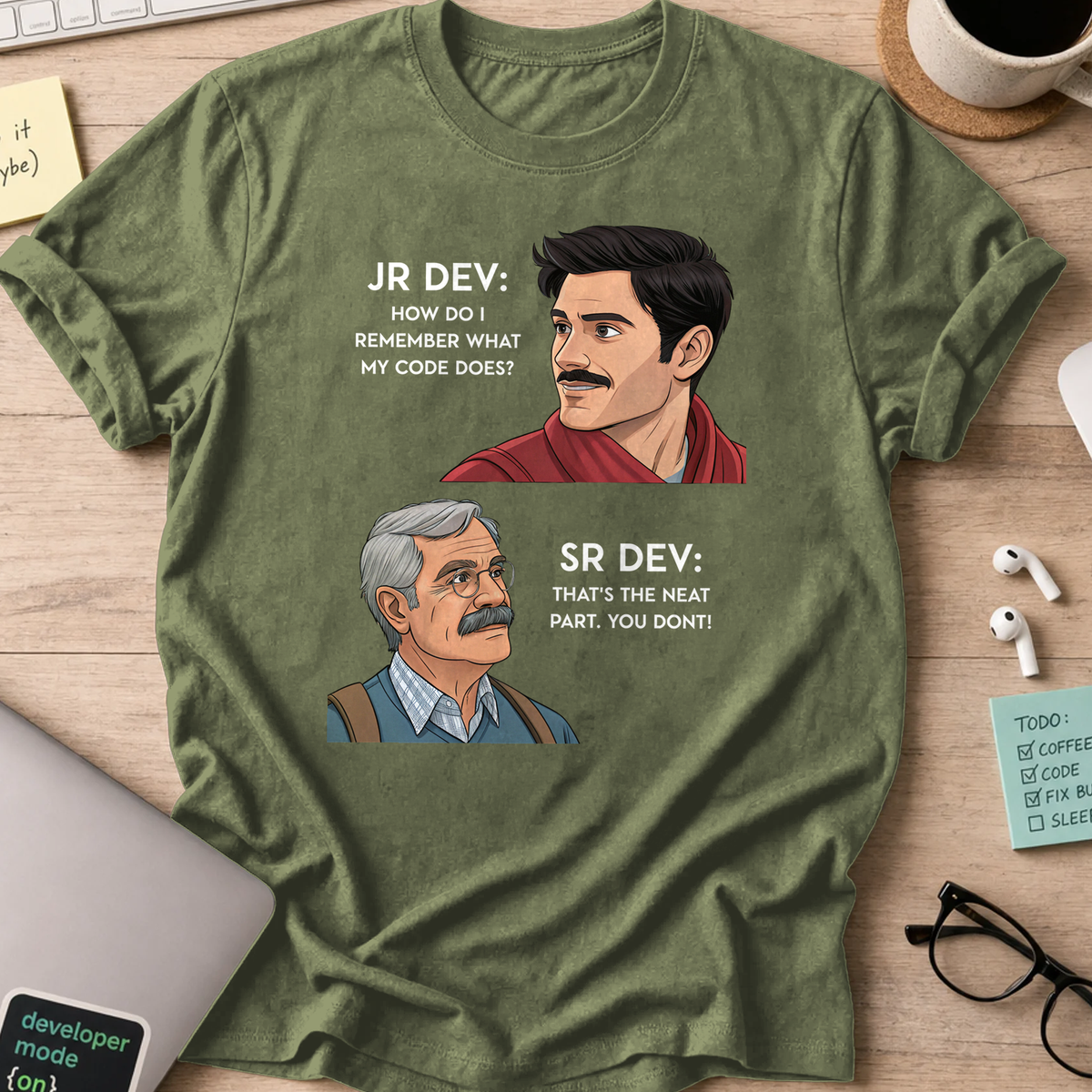 Military Green programmer shirt printed with "Junior Dev asked Senior Dev", a funny developer t-shirt and coding gift for software engineers.