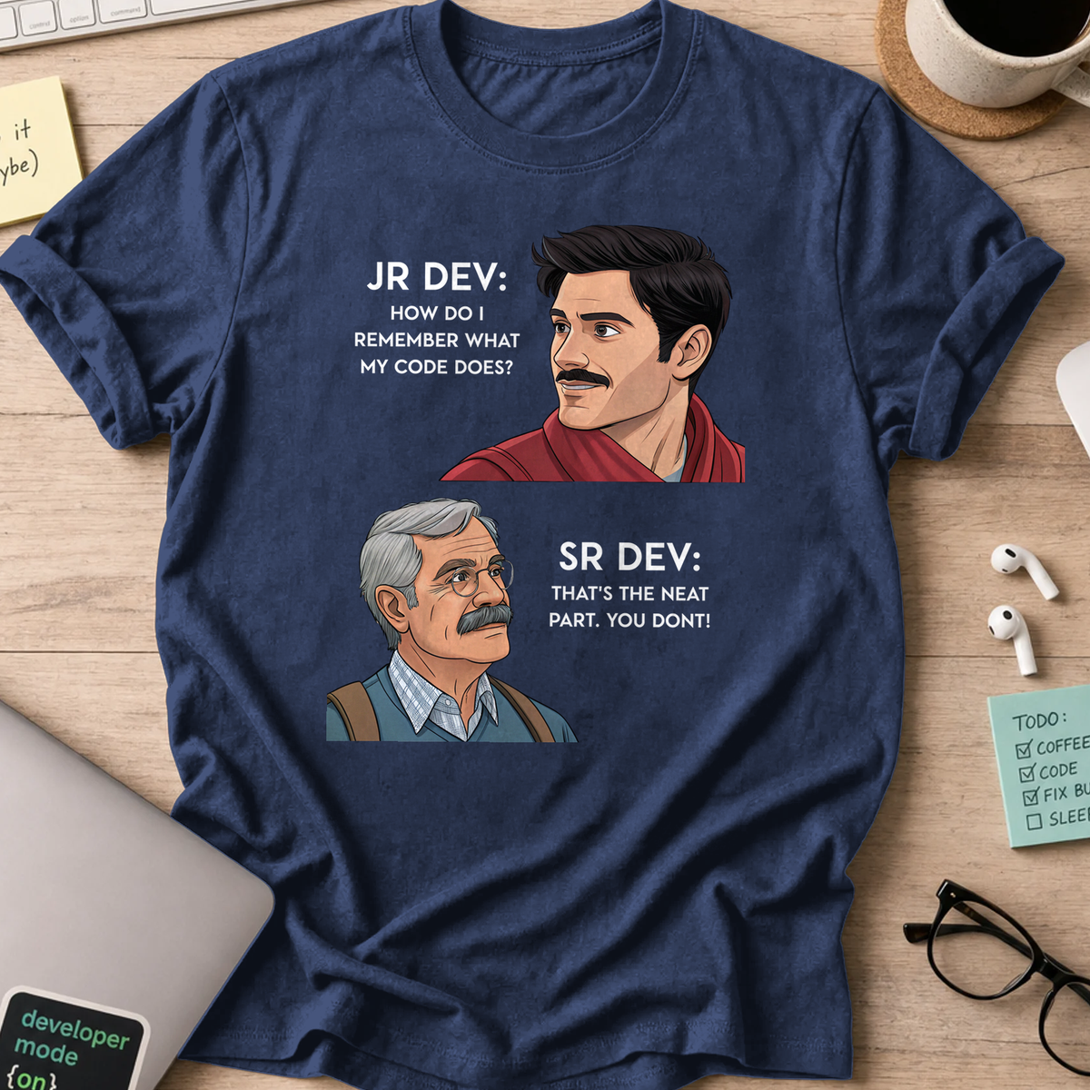 Navy programmer shirt printed with "Junior Dev asked Senior Dev", a funny developer t-shirt and coding gift for software engineers and coders.