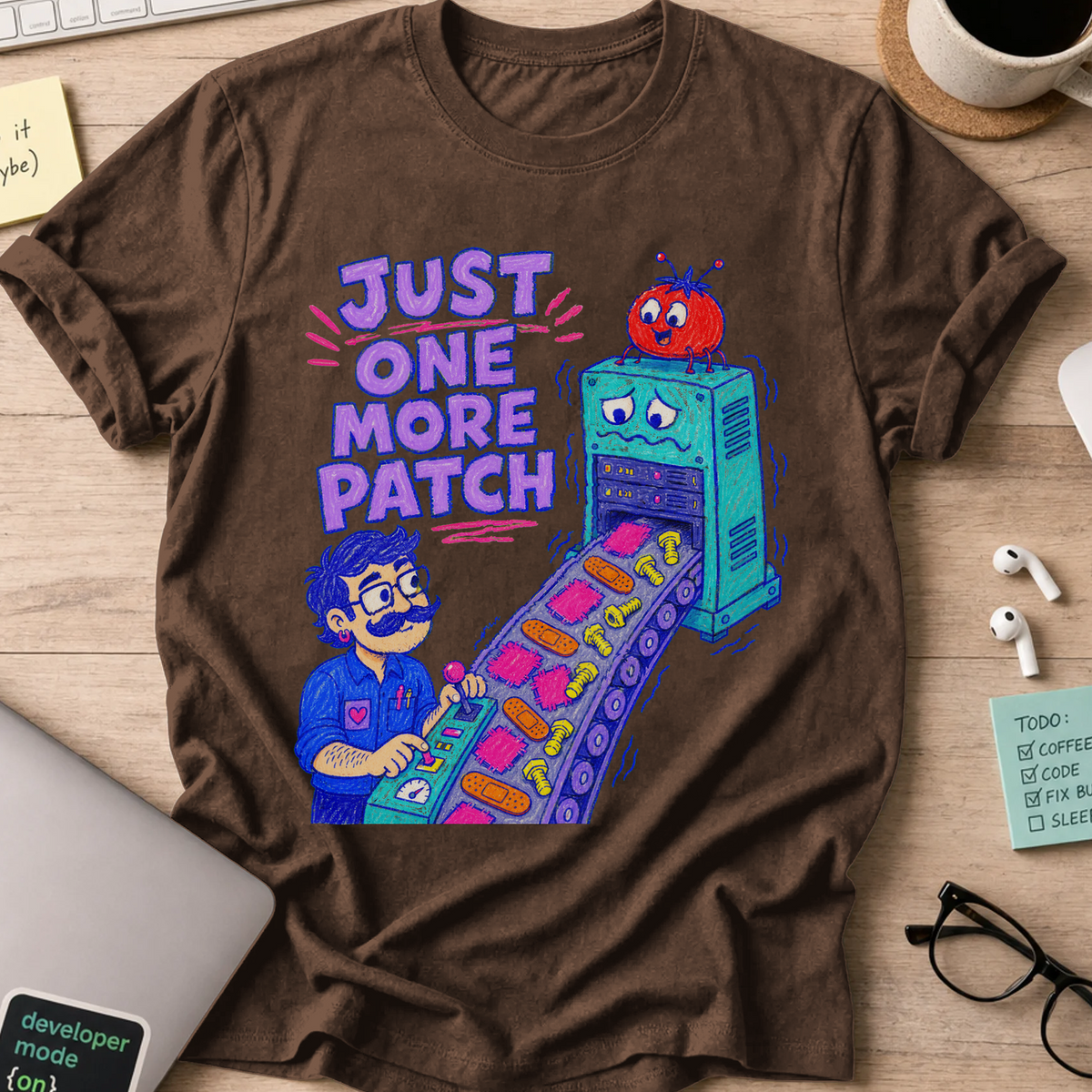 Just One More Patch Shirt — Dark Chocolate storefront mockup