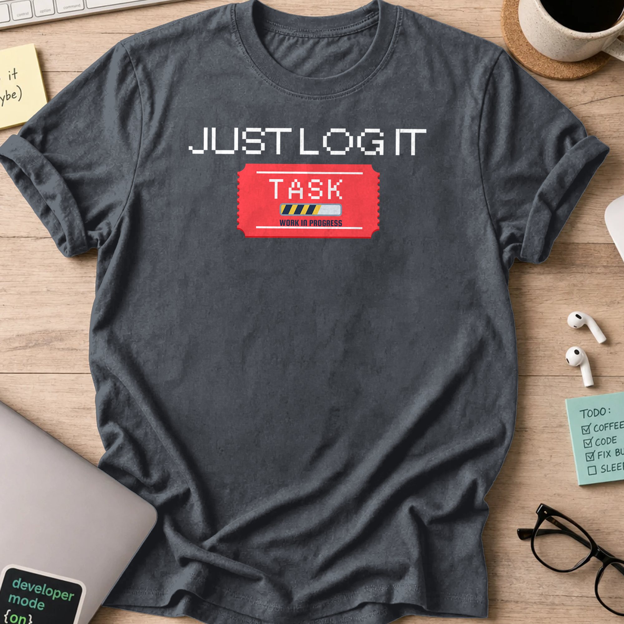 Dark Heather Grey programmer shirt printed with "just log it", a funny developer t-shirt and coding gift for software engineers and coders.