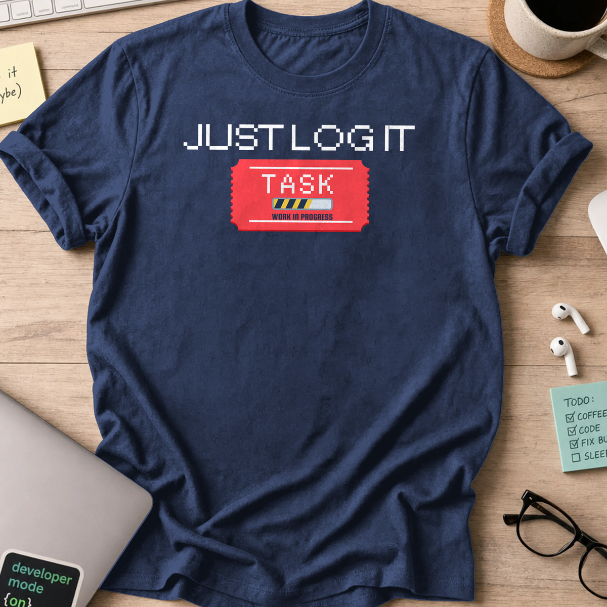 Navy programmer shirt printed with "just log it", a funny developer t-shirt and coding gift for software engineers and coders.
