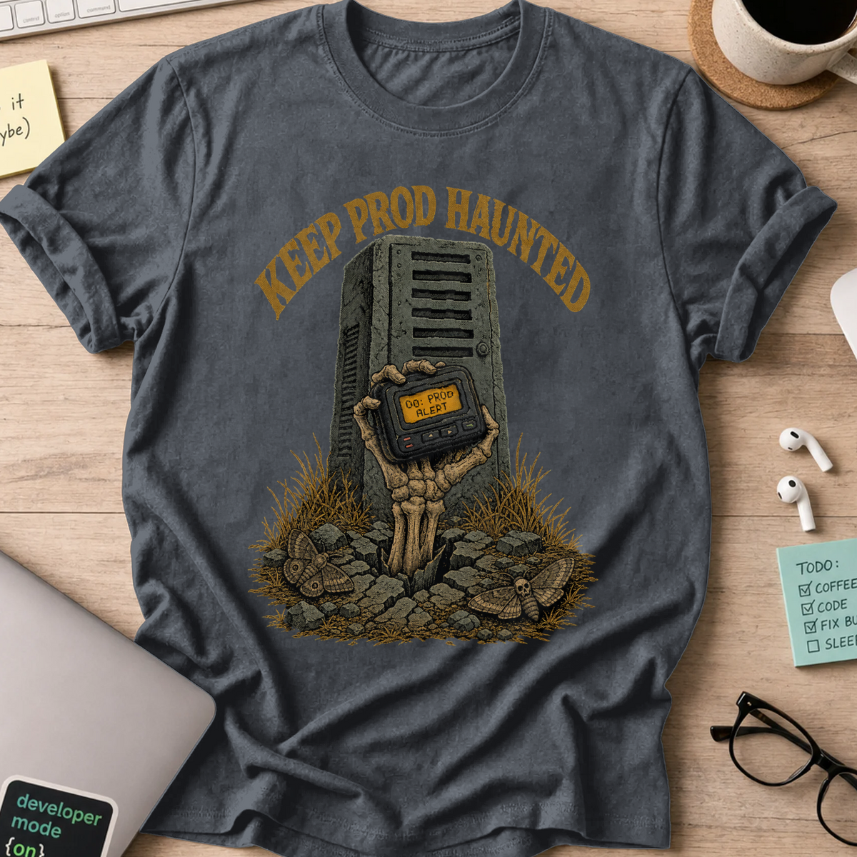 Keep Prod Haunted Shirt — Dark Heather storefront mockup