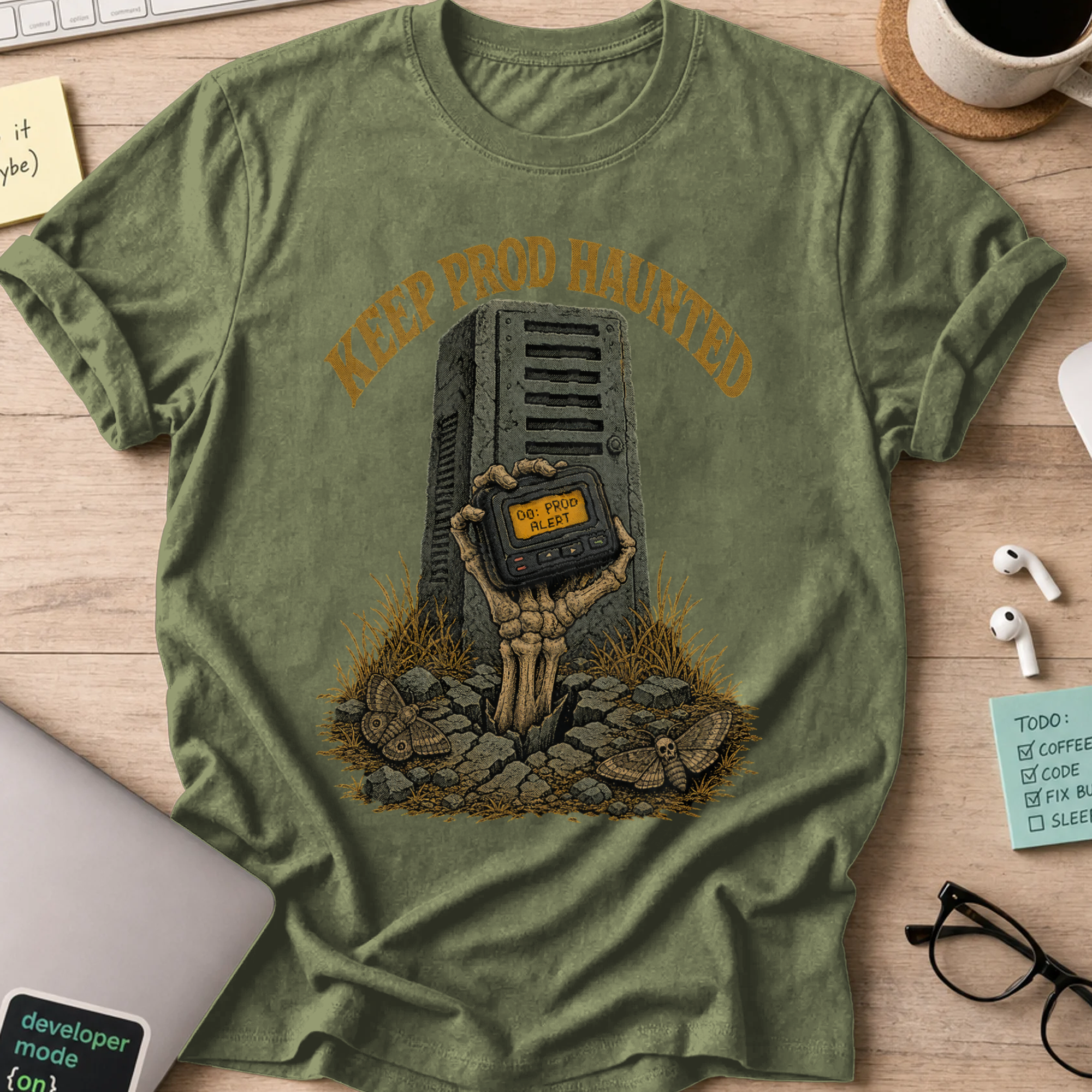 Keep Prod Haunted Shirt — Military Green storefront mockup