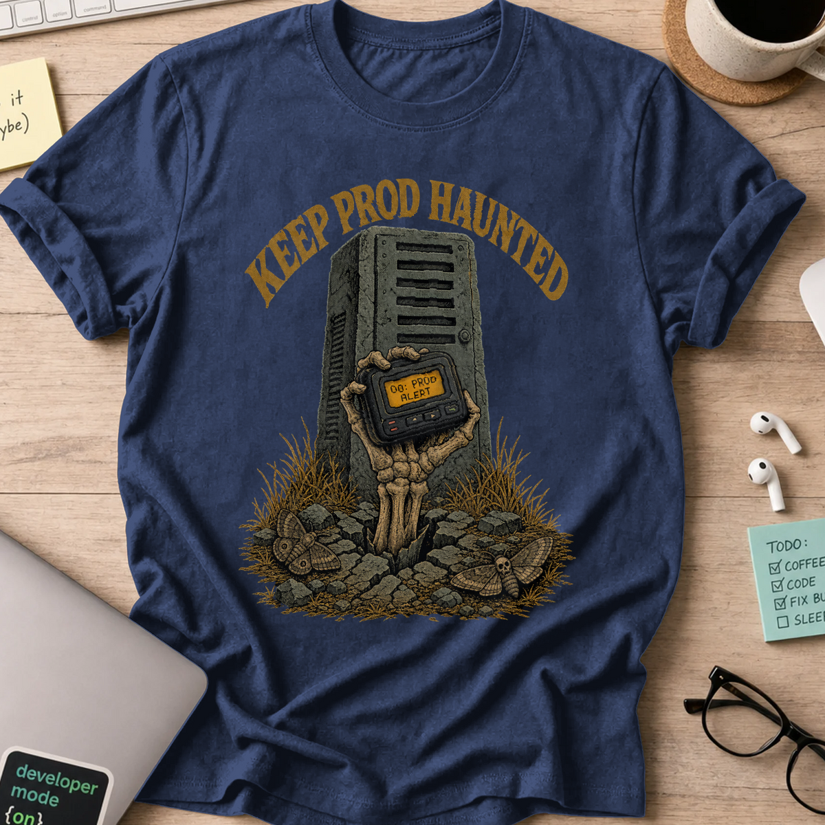 Keep Prod Haunted Shirt — Navy storefront mockup