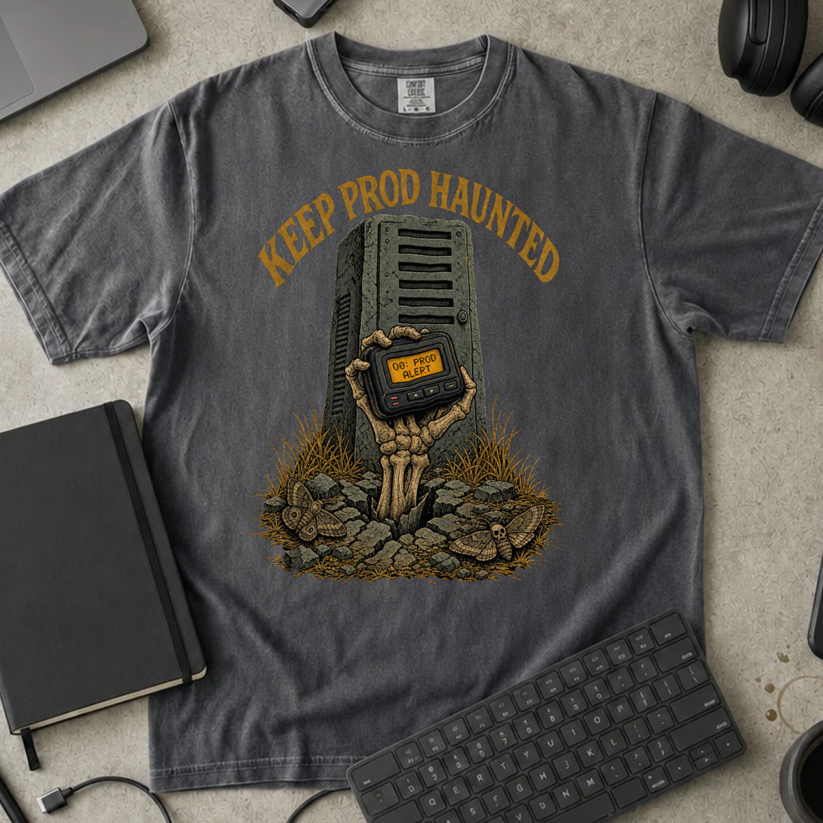 Keep Prod Haunted Shirt — Pepper Comfort Colors 1717 flat lay