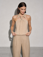 Polo Collar Tie Shirt Women's Design Vest - Khaki Premium Fabric Finish Adjusting