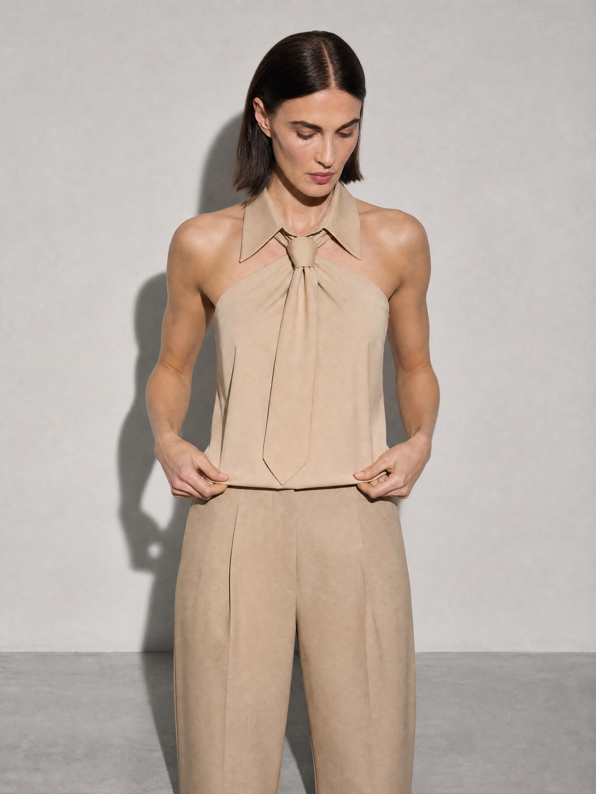 Polo Collar Tie Shirt Women's Design Vest - Khaki Premium Fabric Finish Adjusting