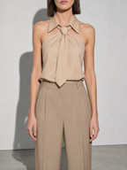Polo Collar Tie Shirt Women's Design Vest - Khaki Premium Fabric Finish Bust To Thigh