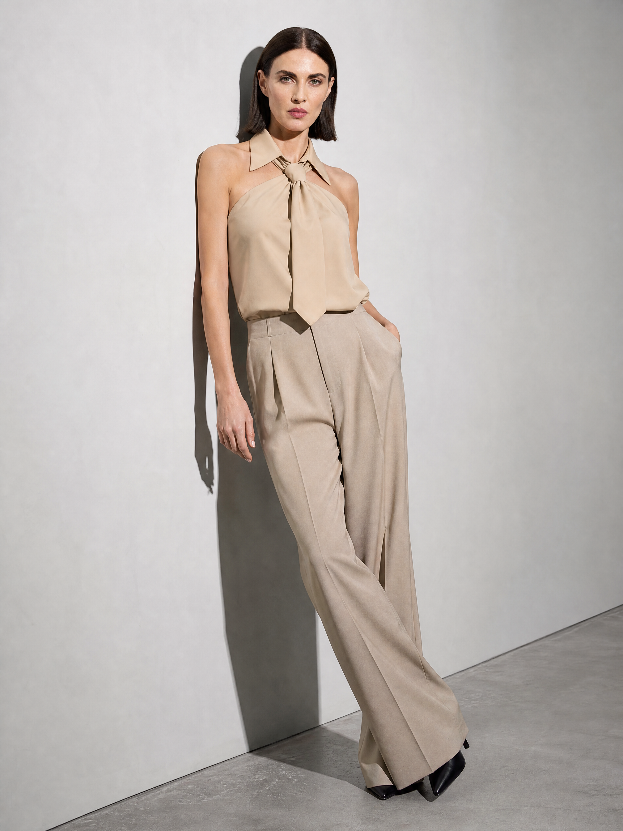 Polo Collar Tie Shirt Women's Design Vest - Khaki Premium Fabric Finish Seated Or Lean