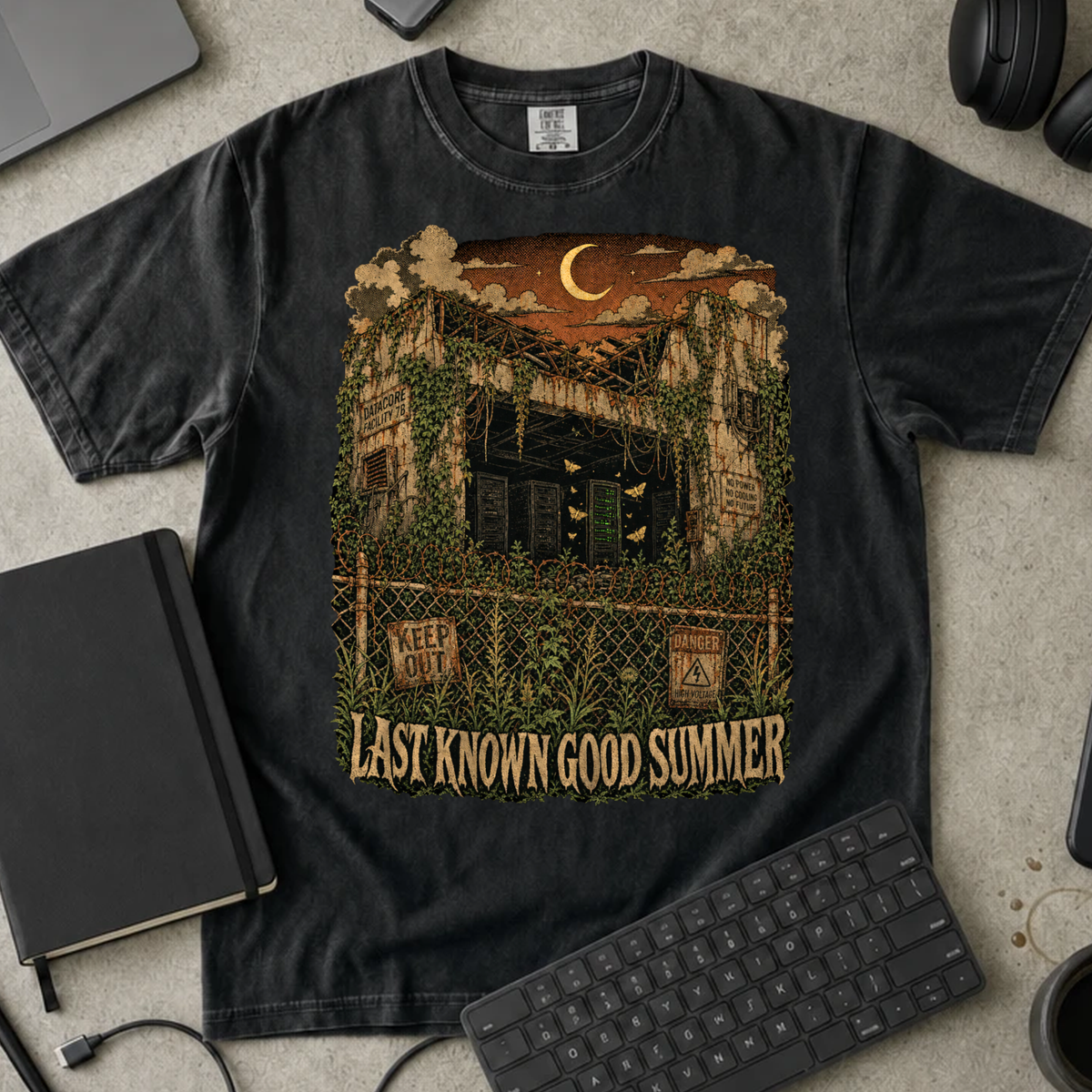 Last Known Good Summer Shirt — Black Comfort Colors 1717 flat lay