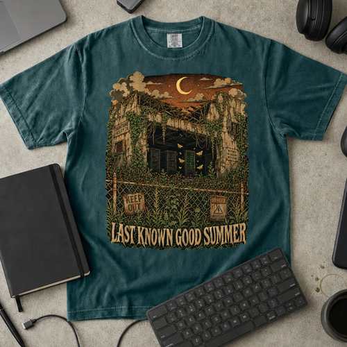 Last Known Good Summer Shirt — Blue Spruce Comfort Colors 1717 flat lay