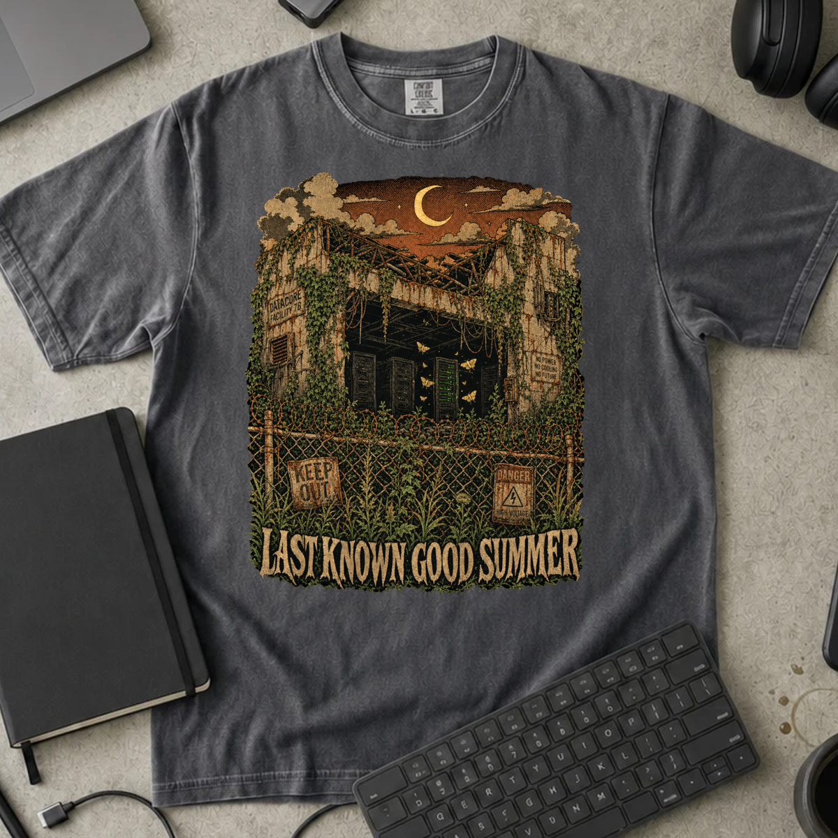 Last Known Good Summer Shirt — Pepper Comfort Colors 1717 flat lay